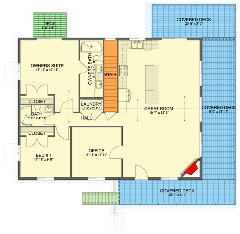 Plan 61667UT: Traditional Walkout House Plan: 2 Beds, Home Office, and Wrap-Around Porch - Floor Plan - Main Level - Traditional