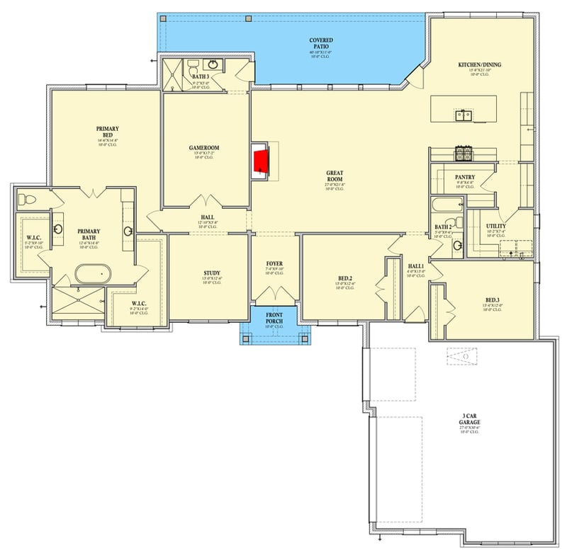 Plan 440041PWL: Spacious Modern Farmhouse Plan: 3 Beds, Game Room, Study - Floor Plan - Main Level - Farmhouse, Modern Farmhouse, New American