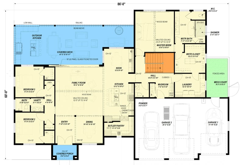 Plan 64558SC: Contemporary Mediterranean House Plan with Expansive Lanai, Outdoor Kitchen, and 3-Car Garage - Floor Plan - Main Level - Basement Stair Location - Contemporary, Florida-Style, Mediterranean