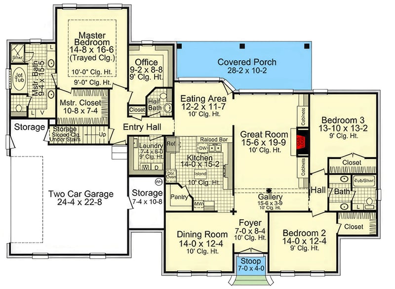 Plan 51318MM: Charming Country House Plan with 4 Beds, Master on Main, and Bonus Room - Floor Plan - Main Level - Country, Traditional