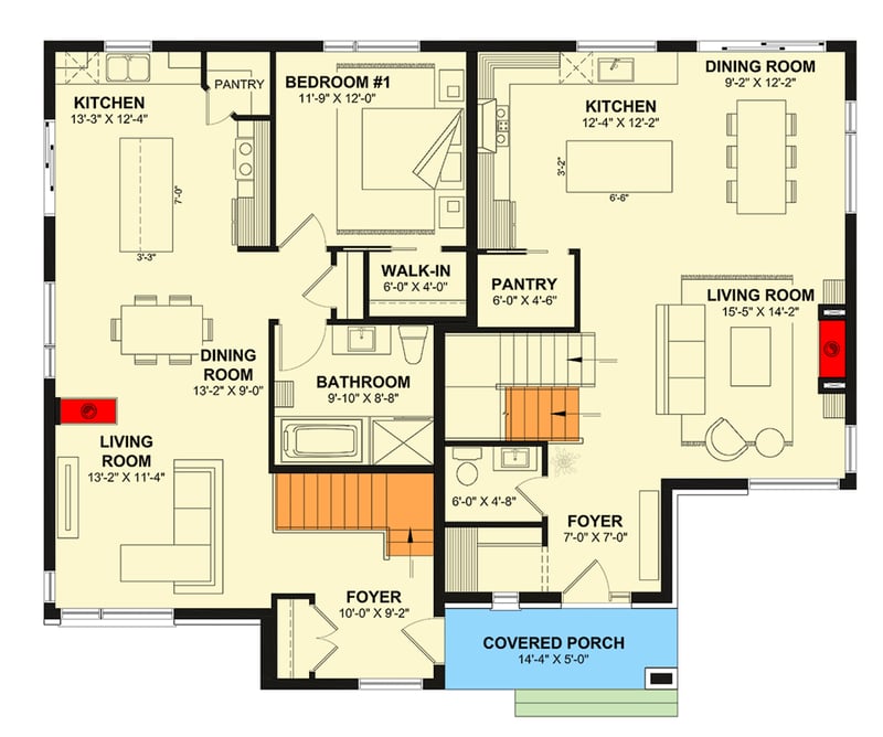 Plan 22707DR: Contemporary Modern Duplex House Plan with Dual Suites & Butler's Pantry - Floor Plan - Main Level - Contemporary, Modern