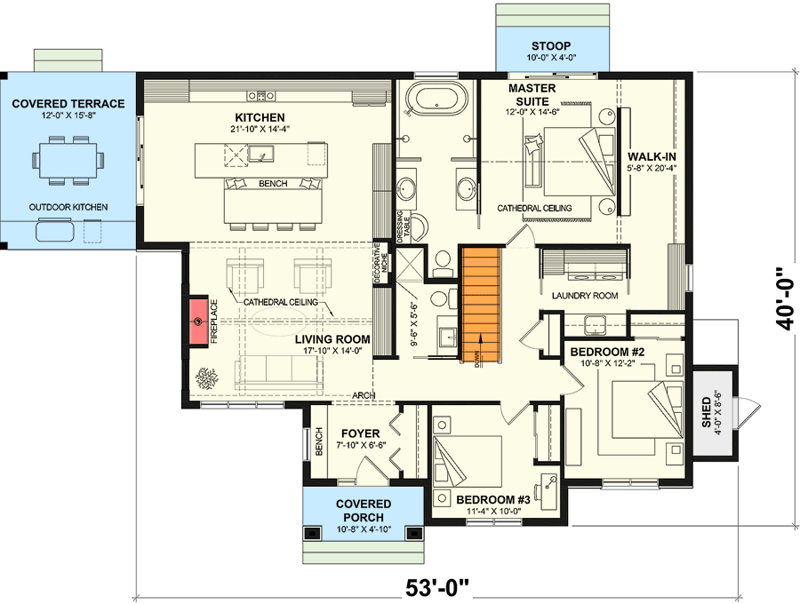 Plan 22712DR: Modern Transitional Ranch House Plan with 3 Beds and Outdoor Kitchen - Floor Plan - Basement Stairs Location - Contemporary, European, Ranch, Transitional