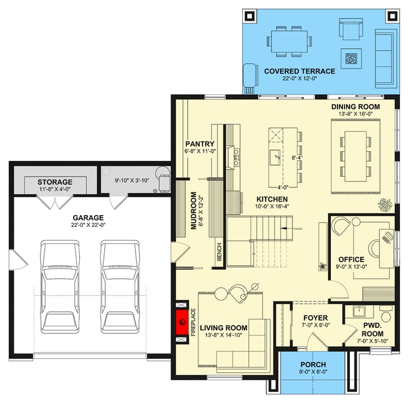 Plan 22718DR: Sleek Scandinavian 3-Bed House Plan with Home Office and Covered Terrace - Floor Plan - Main Level - Modern, Scandinavian
