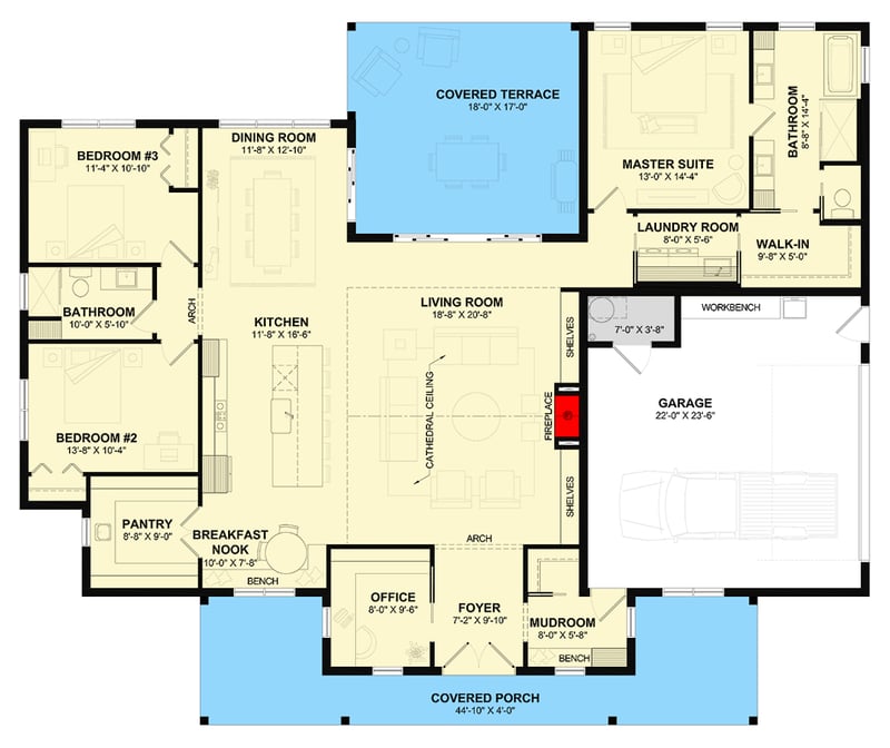Plan 22720DR: Modern Farmhouse House Plan with 3 Beds, Cathedral Living and Office - Floor Plan - Main Level - Cottage, Farmhouse, Modern Farmhouse
