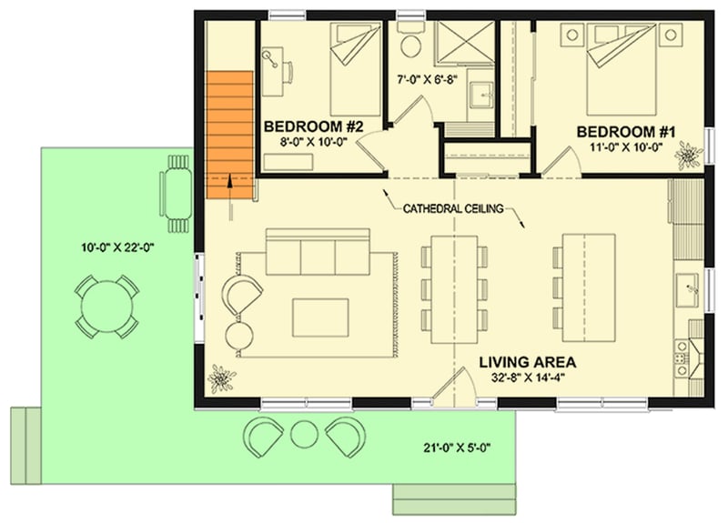 Plan 22726DR: Two-Bed Country Cottage House Plan with Cathedral Ceiling and Wrap-Around Porch - Floor Plan - Main Level - Cottage, Country