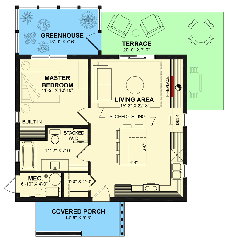 Plan 22727DR: Modern 1-Bedroom ADU House Plan with Greenhouse - Floor Plan - Main Level - Contemporary, Modern