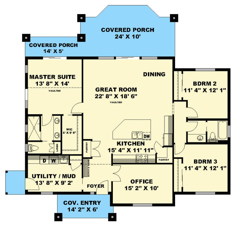 Plan 350173GH: Three-Bed Country House Plan with Vaulted Great Room and Home Office - Floor Plan - Main Level - Country, Ranch, Traditional