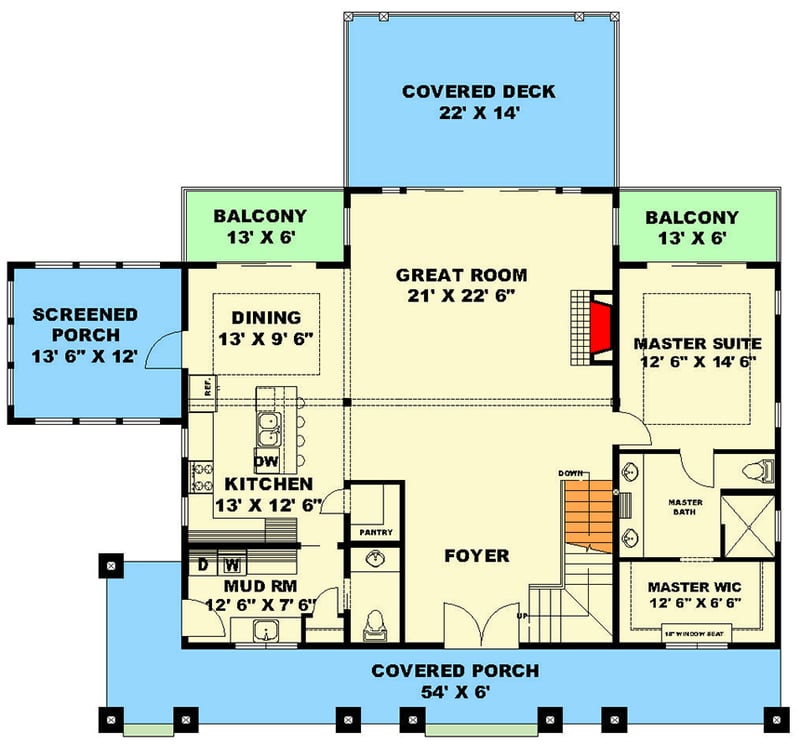 Plan 350174GH: Craftsman Mountain House Plan with Master on Main and Two-Story Great Room - Floor Plan - Main Level - Craftsman, Mountain