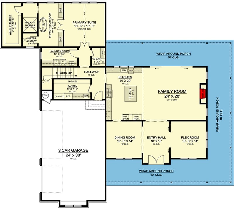 Plan 820009WSF: Modern Farmhouse House Plan with Wrap-Around Porch and Main-Level Primary Suite - Floor Plan - Main Level - Farmhouse, Modern Farmhouse, New American