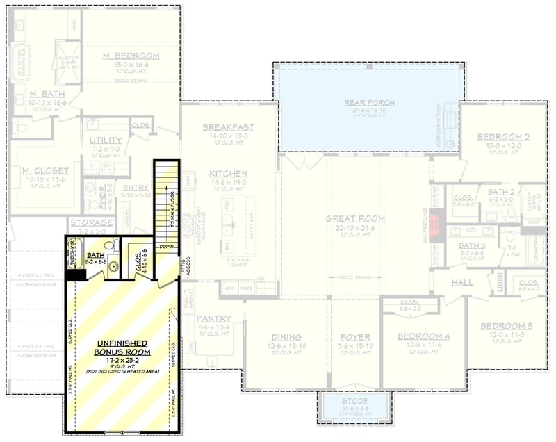 Plan 52019HZ: Spacious 4-Bedroom Transitional House Plan with Bonus Room and Outdoor Kitchen - Floor Plan - Optionally Finished Bonus Room - Modern Farmhouse, Traditional, Transitional