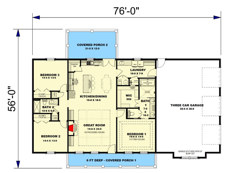 Plan 25074DH: Modern Farmhouse Ranch House Plan with 3 Beds and 3-Car Garage - Floor Plan - Main Level - Farmhouse, Modern Farmhouse, New American, Ranch