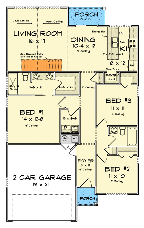 Plan 52483WM: Three-Bed Farmhouse Plan with Split Layout and Vaulted Living - Floor Plan - Main Level - Country, Craftsman, Farmhouse