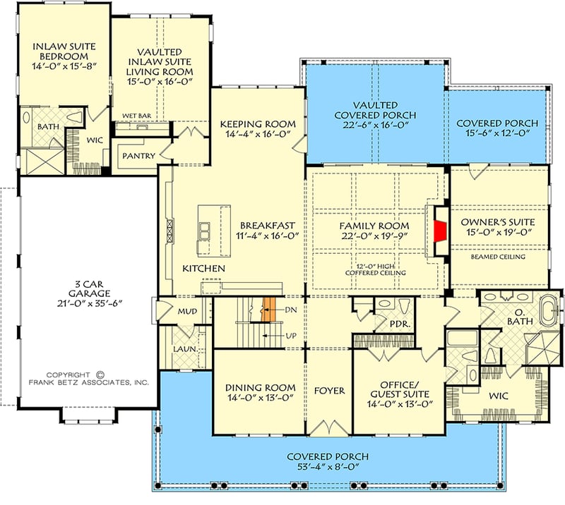 Plan 710445BTZ: Grand Southern Transitional House Plan with Master Suite and Expansive Porches - Floor Plan - Main Level - Southern, Transitional