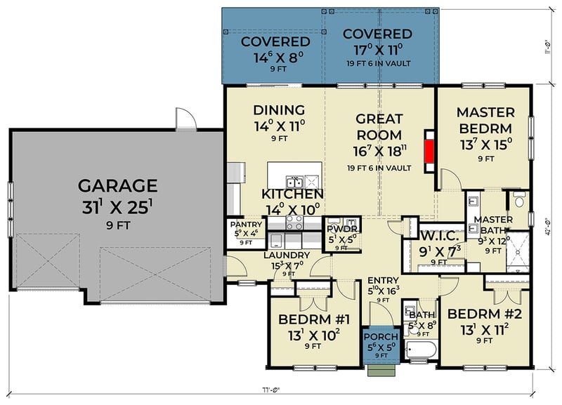 Plan 280254JWD: New American Ranch House Plan with Split Bedrooms and Two-Story Great Room - Floor Plan - Main Level - European, Modern Farmhouse, New American, Northwest, Ranch