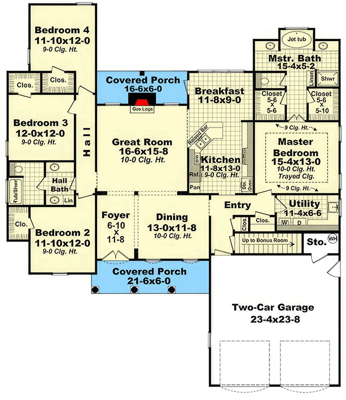 Plan 51332MM: 4-Bedroom European French Country House Plan with Optional Bonus Room - Floor Plan - Main Level - Country, European, French Country