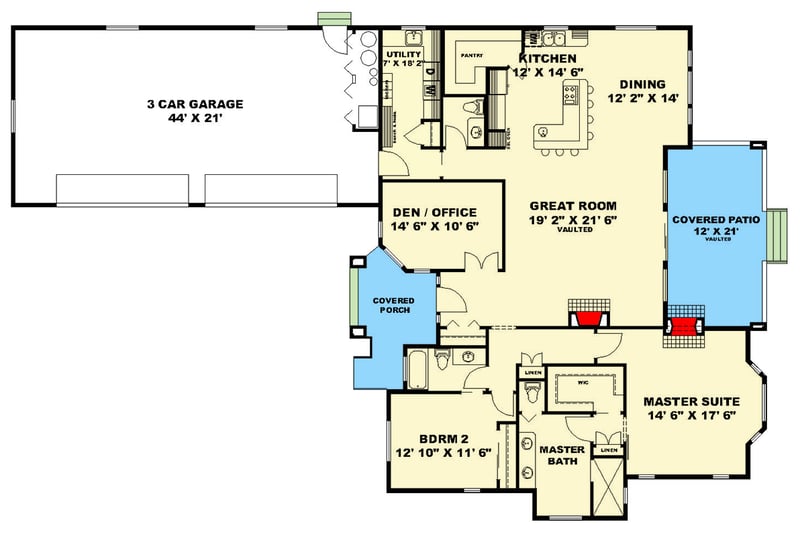 Plan 350183GH: Craftsman Ranch House Plan with Vaulted Great Room and 3-Car Garage - Floor Plan - Main Level - Craftsman, Mountain, Ranch