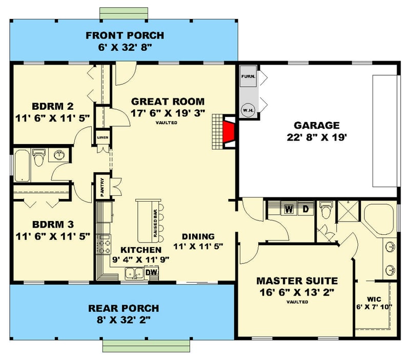 Plan 350186GH: 3-Bedroom Country Ranch House Plan with Split Layout and Covered Porch - Floor Plan - Main Level - Country, Ranch