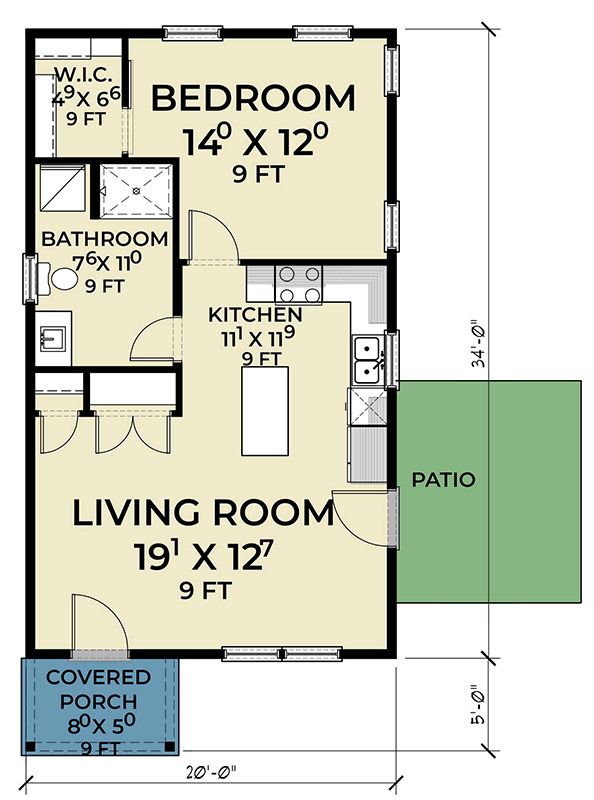 Plan 280255JWD: Charming 680 Sq Ft Farmhouse ADU House Plan with Covered Porch - Floor Plan - Main Level - Farmhouse