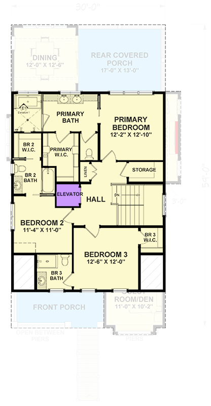 Plan 765061TWN: Elevated Coastal Contemporary House Plan with 4 Beds, Elevator, Office - Floor Plan - 2nd Floor - Coastal Contemporary, Farmhouse, Florida-Style