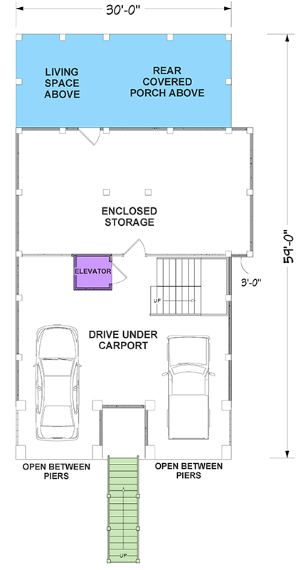 Plan 765061TWN: Elevated Coastal Contemporary House Plan with 4 Beds, Elevator, Office - Floor Plan - Ground Level - Coastal Contemporary, Farmhouse, Florida-Style