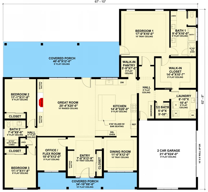 Plan 421034HFC: Modern Farmhouse House Plan with 3-4 Beds with a Home Office Flex Room - Floor Plan - Main Level - Craftsman, Modern Farmhouse, New American