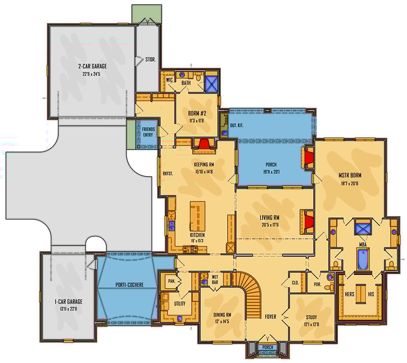 Plan 510261WDY: Stately French Country House Plan: 5 Beds, Two-Story Great Room, 3-Car Garage - Floor Plan - Main Level - Acadian, Colonial, French Country, Louisiana-Style, Southern, Southern Traditional, Traditional