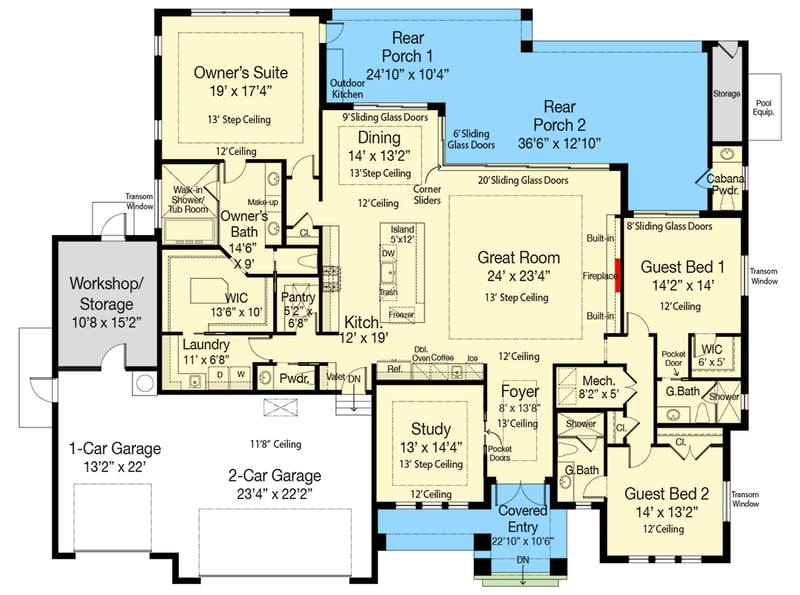 Plan 33280ZR: Coastal Contemporary House Plan with 3-Car Garage and Outdoor Kitchen - Floor Plan - Main Level - Coastal, Coastal Contemporary, Florida-Style, Modern