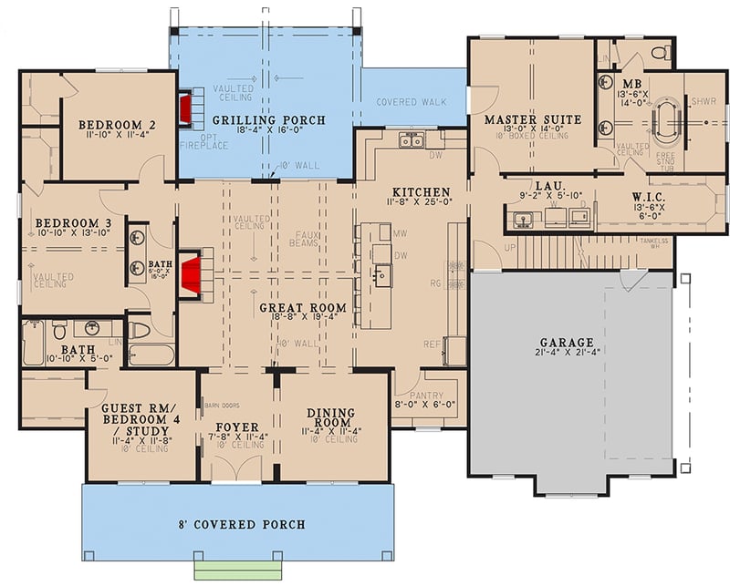 Plan 70930MK: 4-Bedroom Farmhouse House Plan with Master Suite & Covered Porch - Floor Plan - Main Level - Country, Farmhouse, Traditional