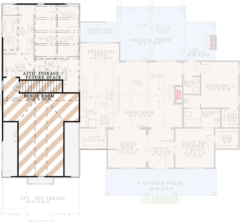 Plan 70931MK: Modern Farmhouse House Plan: Split Beds, Bonus Room, Outdoor Fireplace - Floor Plan - 2nd Floor - Farmhouse, Modern Farmhouse
