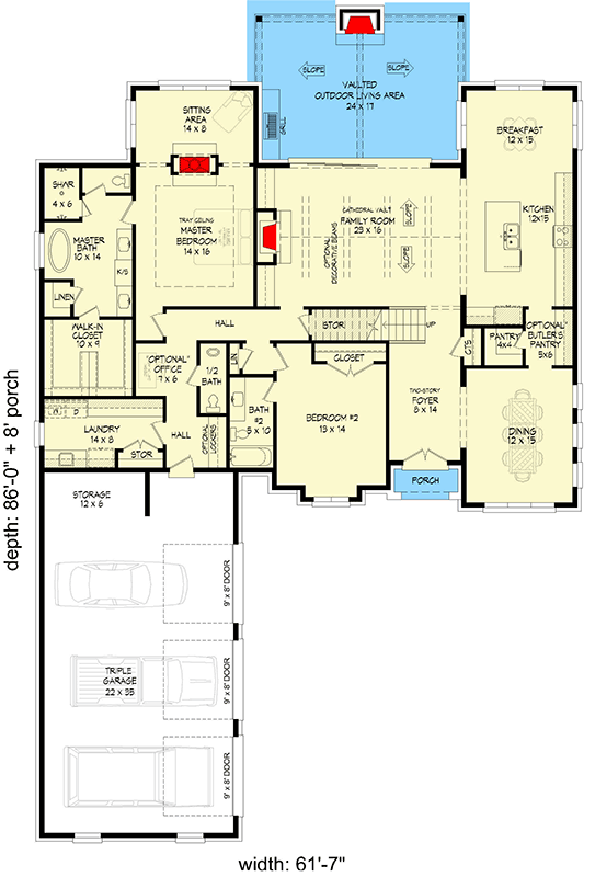 Plan 680628VR: Stately Tudor Transitional House Plan with Main Floor Master and 3-Car Garage - Floor Plan - Main Level - Transitional, Tudor
