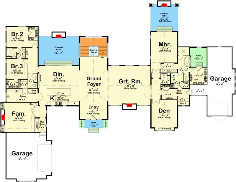 Plan 623568DJ: Grand Contemporary European House Plan with Main-Level Master and Den - Floor Plan - Main Level - Contemporary, European, Transitional