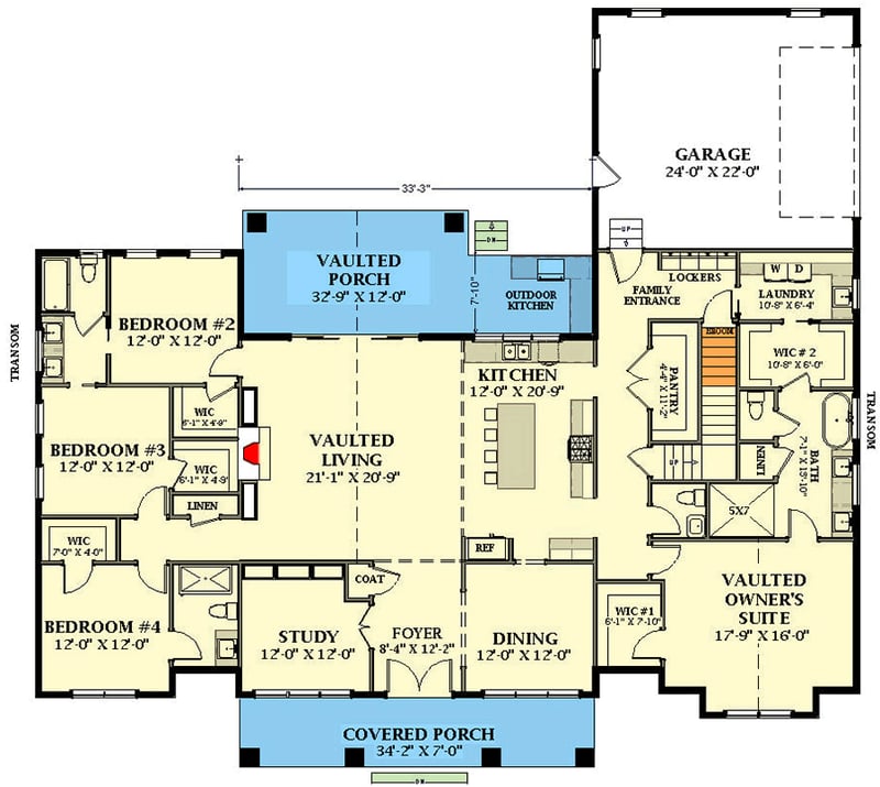 Plan 46533LA: Modern Farmhouse House Plan with Split Bedrooms and Bonus - Floor Plan - Main Level - Farmhouse, Modern Farmhouse, New American