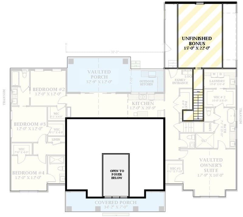 Plan 46533LA: Modern Farmhouse House Plan with Split Bedrooms and Bonus - Floor Plan - Bonus Level - Farmhouse, Modern Farmhouse, New American