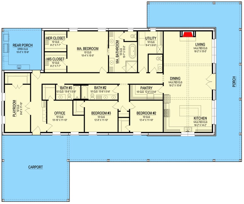 Plan 170012ADS: Modern Farmhouse Barndominium House Plan with Wrap Around Porch and Carport - Floor Plan - Main Level - Barndominium, Country, Farmhouse, Modern Farmhouse, Rustic, Traditional