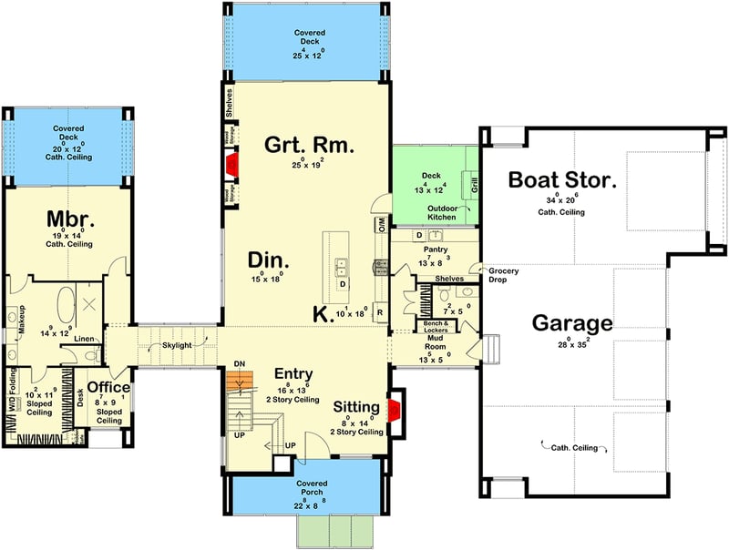 Plan 623571DJ: Striking Contemporary Scandinavian House Plan with RV Garage and Main-Floor Master - Floor Plan - Main Level - Contemporary, Scandinavian