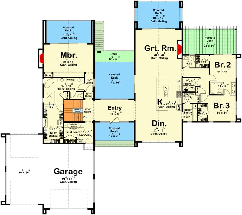 Plan 623572DJ: Modern Scandinavian 3-Bedroom House Plan with Expansive Porches and 3-Car Garage - Floor Plan - Main Level - Contemporary, Scandinavian