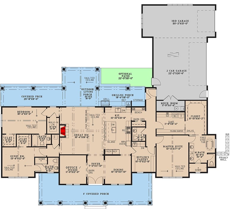 Plan 70938MK: Spacious Modern Farmhouse House Plan with 3-Car Garage and Outdoor Kitchen - Floor Plan -  - Farmhouse, Modern Farmhouse