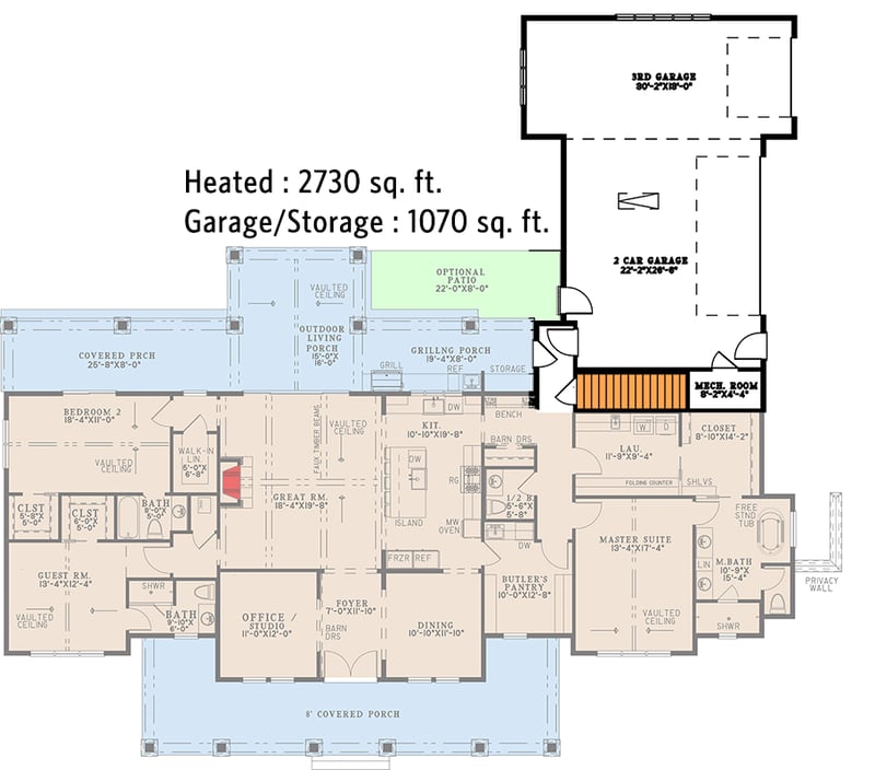 Plan 70938MK: Spacious Modern Farmhouse House Plan with 3-Car Garage and Outdoor Kitchen - Floor Plan - Main Level - Basement Stairs Location  - Farmhouse, Modern Farmhouse