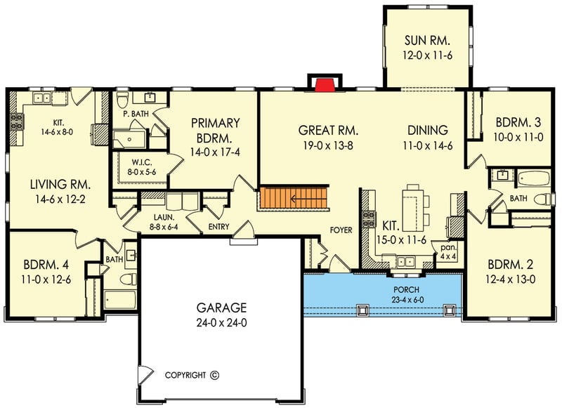 Plan 790176GLV: Spacious Craftsman New American House Plan with 4 Beds, Sunroom, and In-Law Suite - Floor Plan - Main Level - Craftsman, Traditional