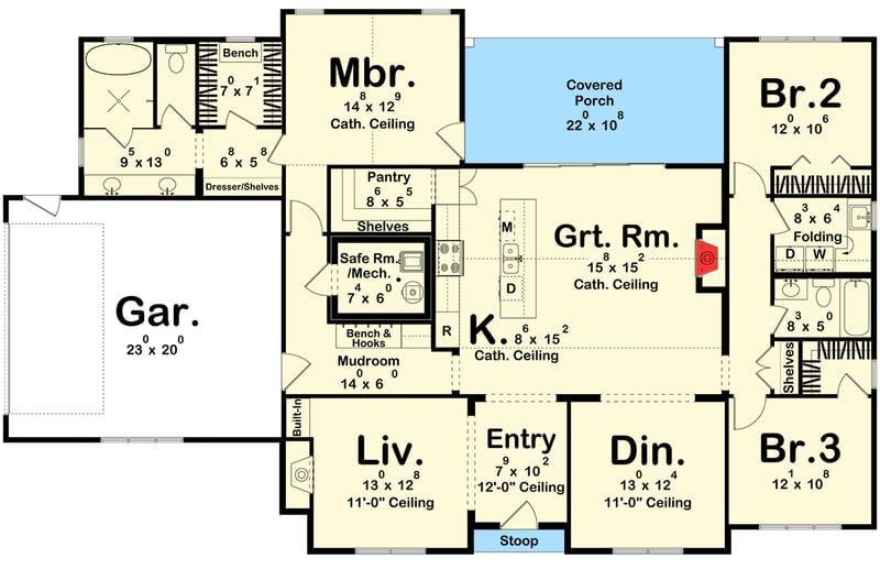 Plan 623576DJ: Charming Modern English Cottage House Plan with 3 Beds, Split Layout and Butler Pantry - Floor Plan - Main Level - Crawl/Slab Version - Contemporary, Cottage, New American, Transitional