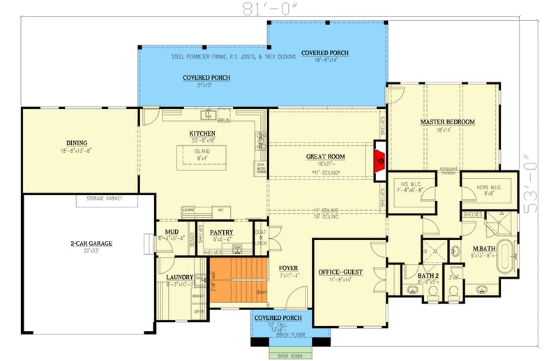 Plan 24424TW: Contemporary Ranch House Plan with Master on Main and 2 or 3-Car Garage - Floor Plan - Main Level - Contemporary, Mid Century Modern, Prairie, Ranch