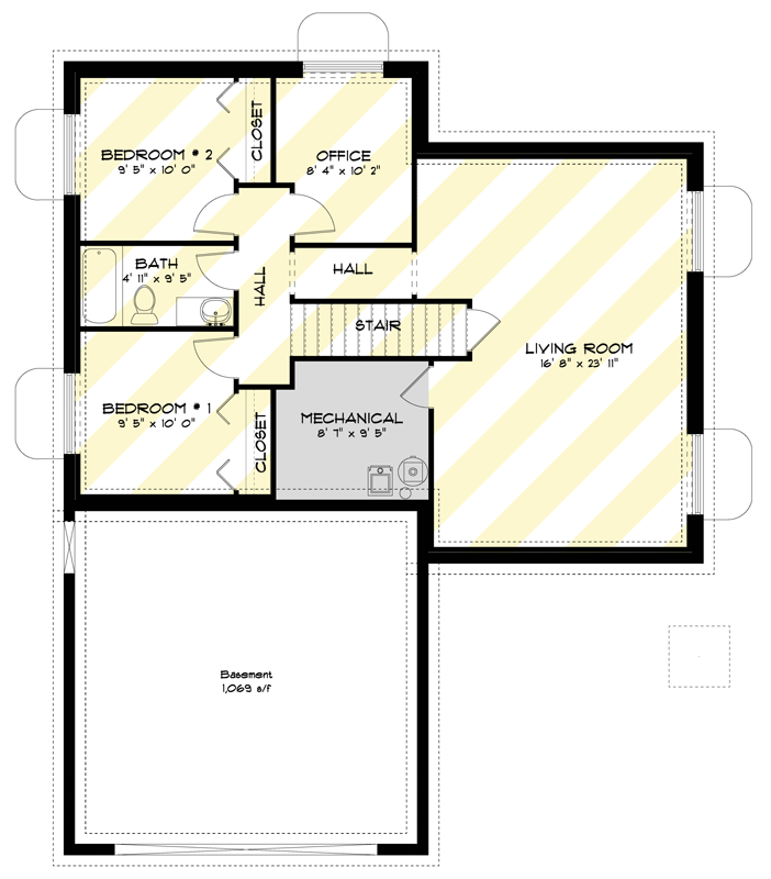 Plan 61680UT: Traditional Cottage House Plan with 2 Beds and Covered Porch - Floor Plan - Optional Finished Lower Basement Level - Cottage, Ranch, Traditional