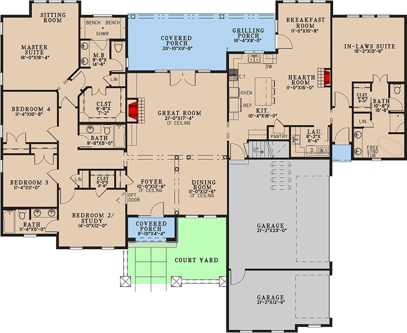 Plan 70939MK: Expansive 5-Bedroom Craftsman Modern Farmhouse House Plan with Bonus - Floor Plan - Main Level - Craftsman, Modern Farmhouse, Mountain, New American