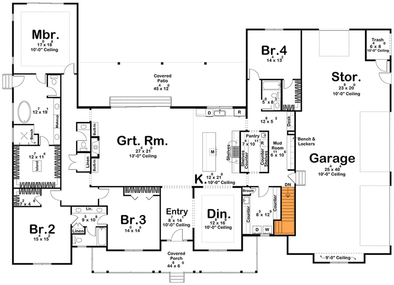 Plan 623578DJ: Spacious Modern Farmhouse House Plan with 4-Car Garage and Workshop - Floor Plan - Basement Stairs Location - Country, Farmhouse, Modern Farmhouse, Ranch, Traditional