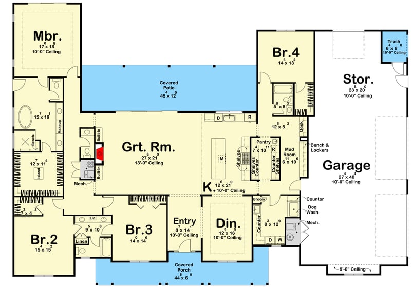 Plan 623578DJ: Spacious Modern Farmhouse House Plan with 4-Car Garage and Workshop - Floor Plan - Main Level - Country, Farmhouse, Modern Farmhouse, Ranch, Traditional