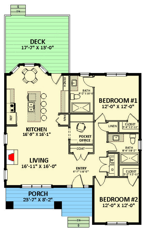 Plan 46534LA: 2-Bed Craftsman House Plan with Home Office and Covered Porch - Floor Plan - Main Level - Bungalow, Craftsman, Farmhouse