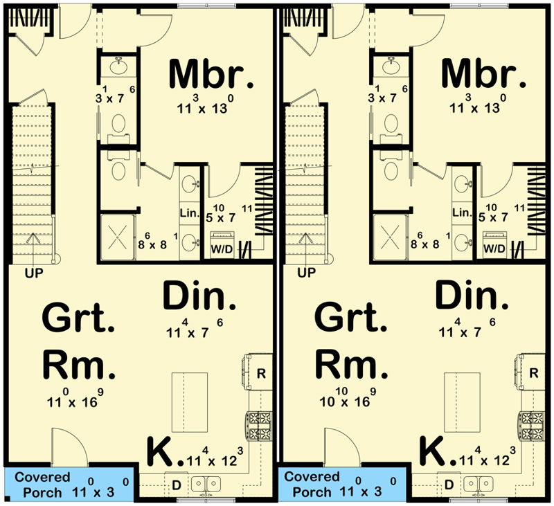 Plan 623579DJ: Modern Farmhouse 8-Bedroom Duplex Plan with Expansive Great Rooms - Floor Plan - Main Level - Farmhouse, Modern Farmhouse