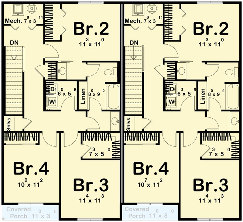 Plan 623579DJ: Modern Farmhouse 8-Bedroom Duplex Plan with Expansive Great Rooms - Floor Plan - 2nd Floor - Farmhouse, Modern Farmhouse