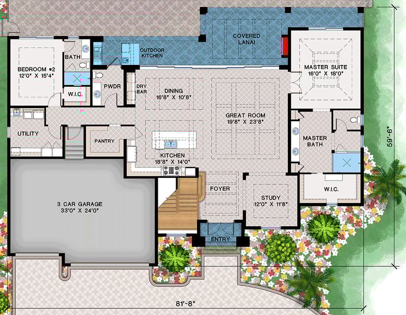 Plan 660028JMD: Coastal Contemporary 5-Bedroom House Plan with First-Floor Master and Outdoor Kitchen - Floor Plan - Main Level - Coastal, Coastal Contemporary