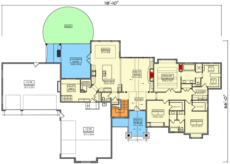 Plan 95334RW: Craftsman Ranch House Plan with 5-Car Garage and Main-Level Master - Floor Plan - Main Level - Craftsman, Mountain, New American, Ranch